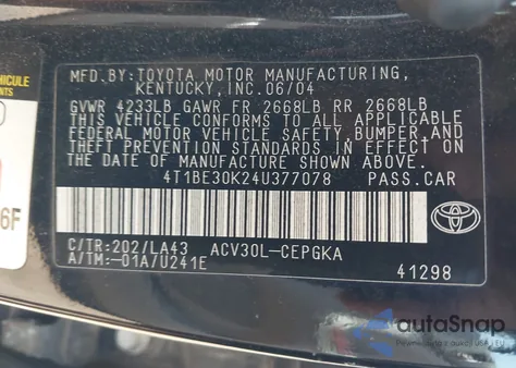 2004 Toyota Camry Xle z USA, uszkodzony, nr VIN 4T1BE30K24U377078